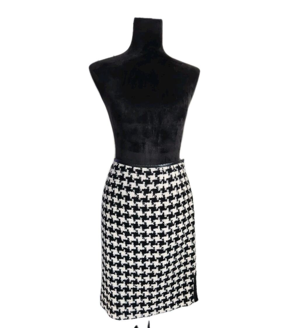 Telluride Clothing Co Houndstooth Women's Pencil Wool Skirt W/ Leather Trim Sz 8